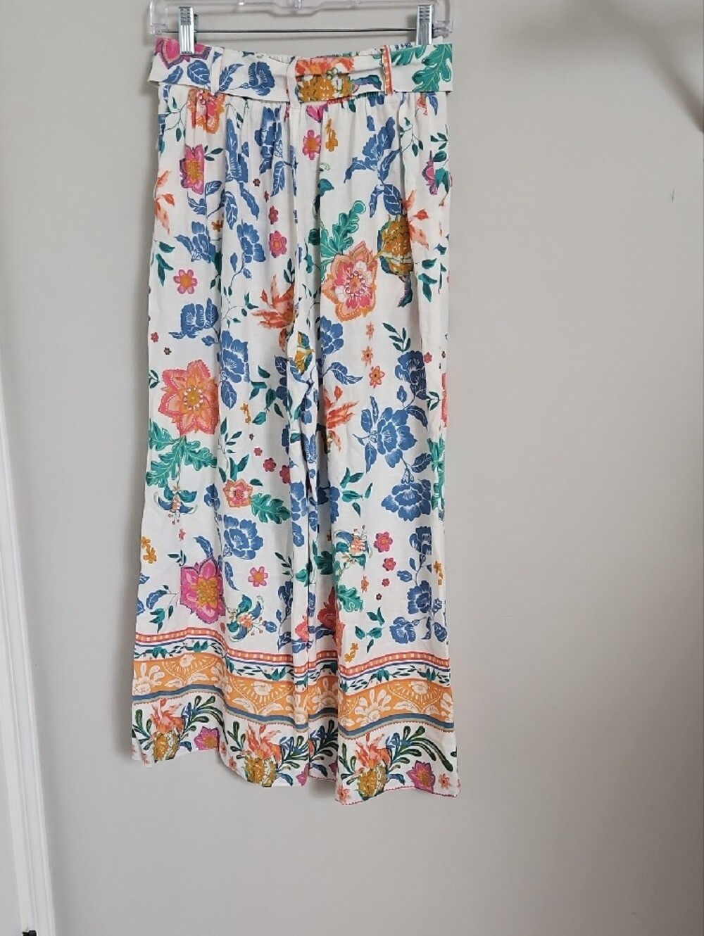 Rachel Zoe Linen Blend Floral Palazzo Pants XS High Rise Wide Leg Belted Resort - Picture 8 of 9
